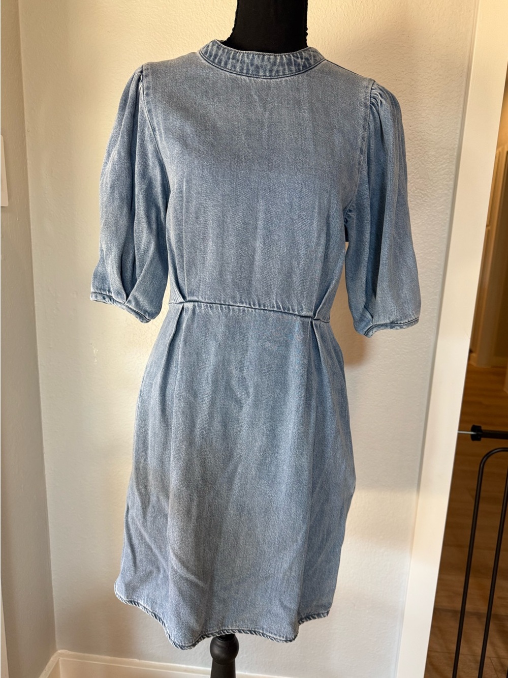 Vero Moda Light Blue Denim Midi Dress with Puff Sleeves